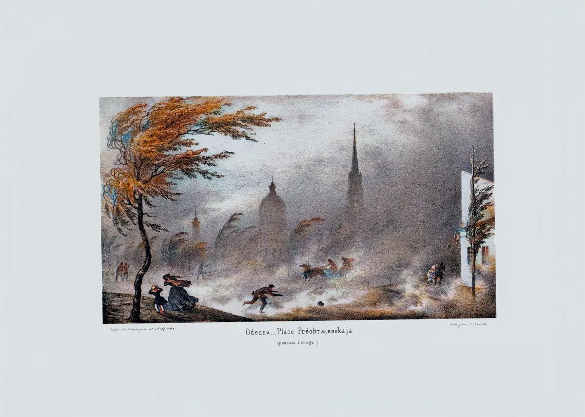 Views of Odessa. [Album]. Preobrazhenskaya Square during a storm. Mid-1850s.