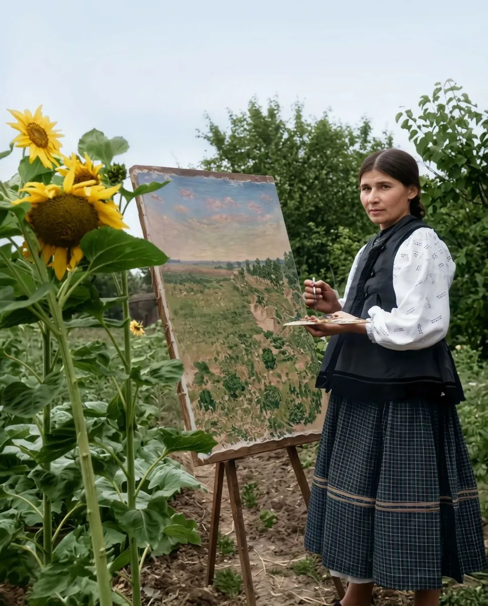 Kateryna Bilokur at her easel in the garden