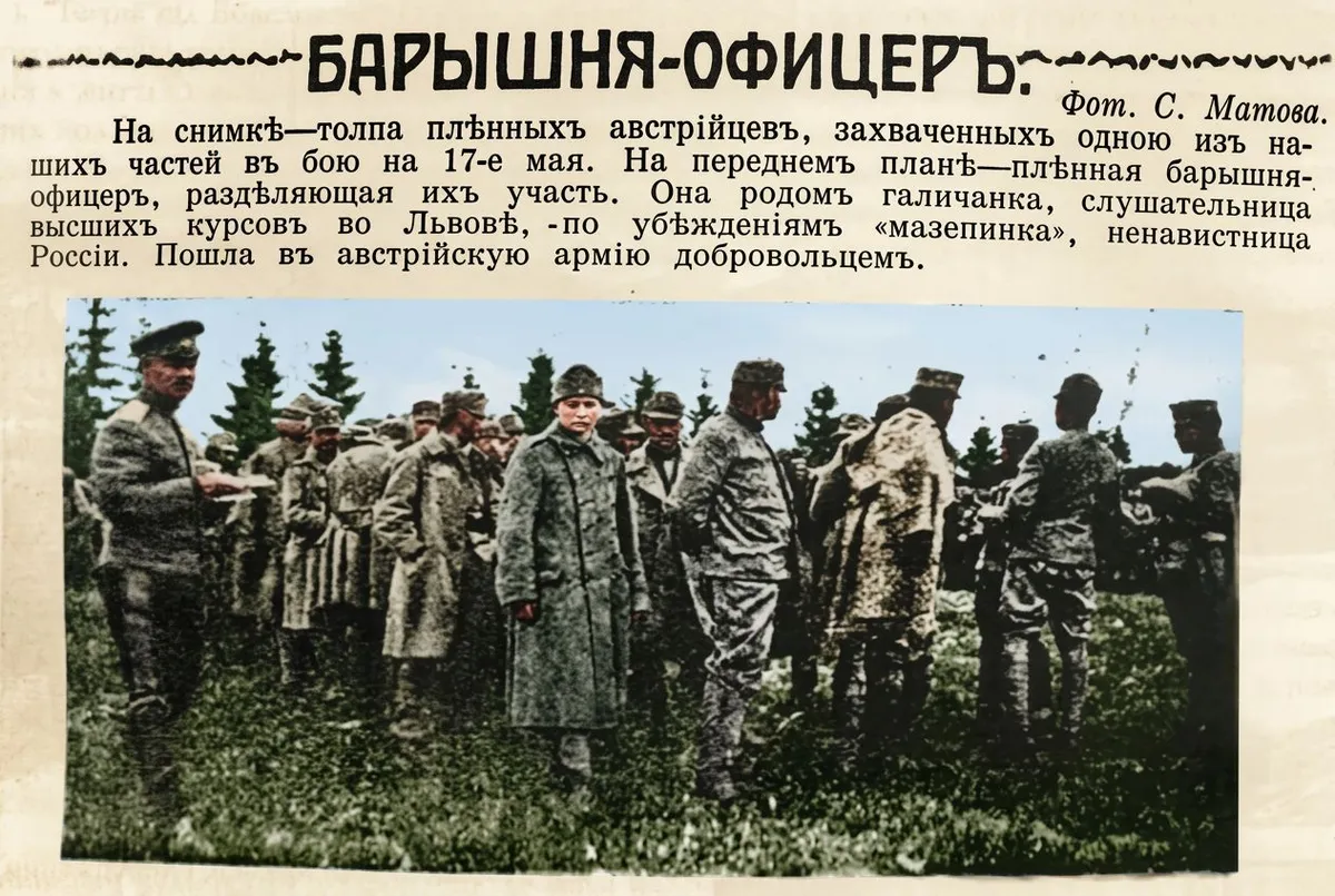 Russian newspaper clipping 'Baryshnya-Ofitser' about the capture of Olena Stepaniv