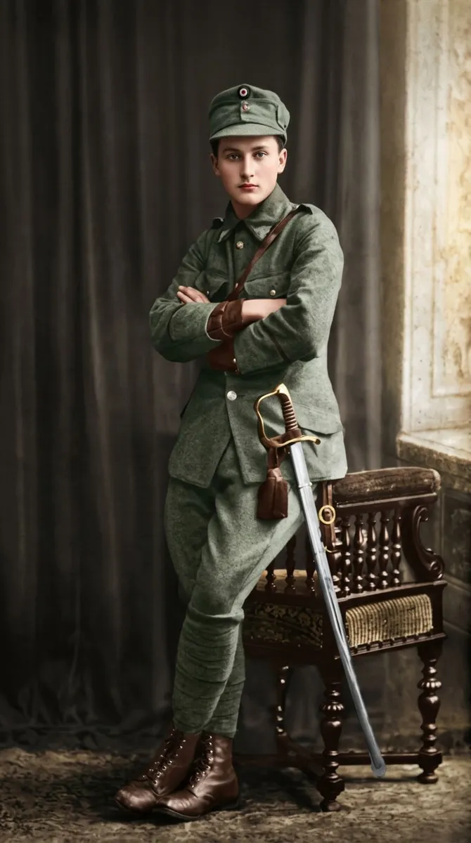 Studio portrait of Olena Stepaniv with saber and decoration on her sleeve, in USS uniform, c. 1914–1915