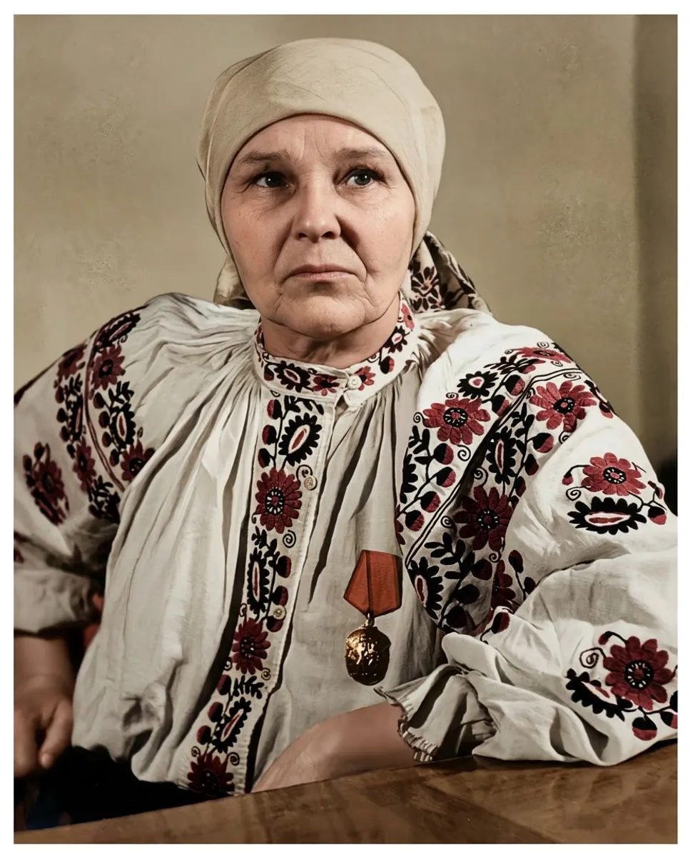 Maria Prymachenko — portrait with a medal in a vyshyvanka