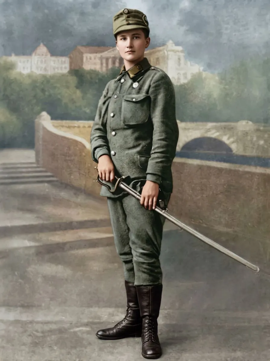 Full-length studio portrait of Olena Stepaniv with a saber, in USS uniform, c. 1914–1915