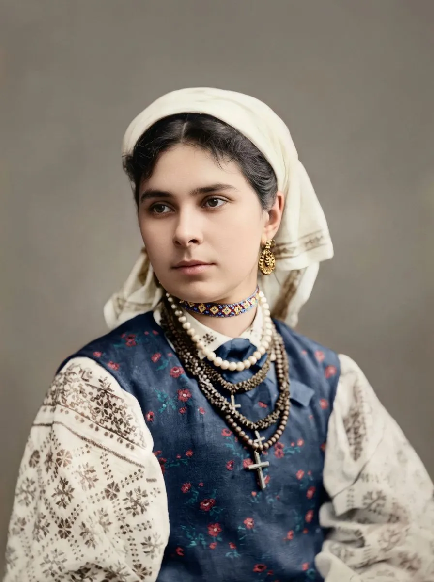 Liudmyla Drahomanova in a headscarf and beaded necklaces
