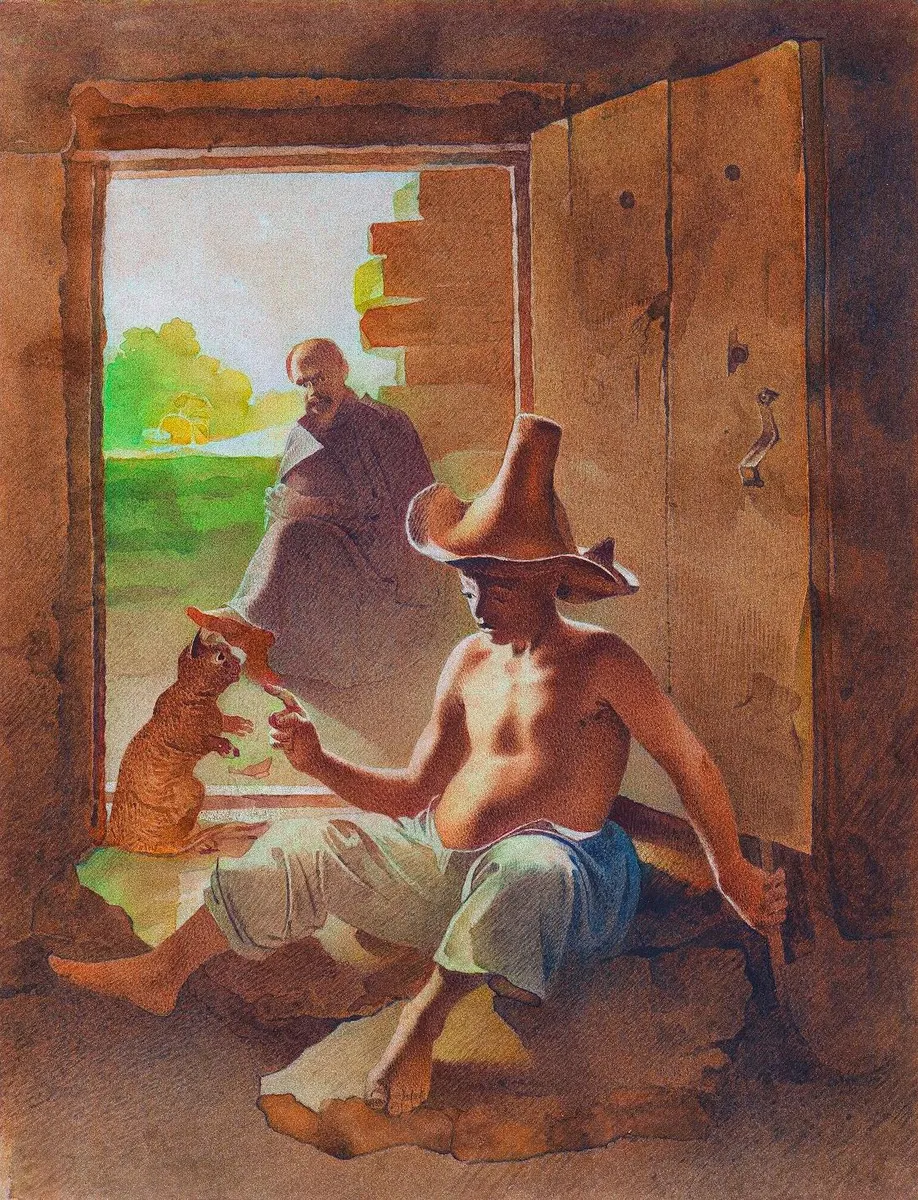 Тарас Шевченко та казахський хлопчик граються з котом