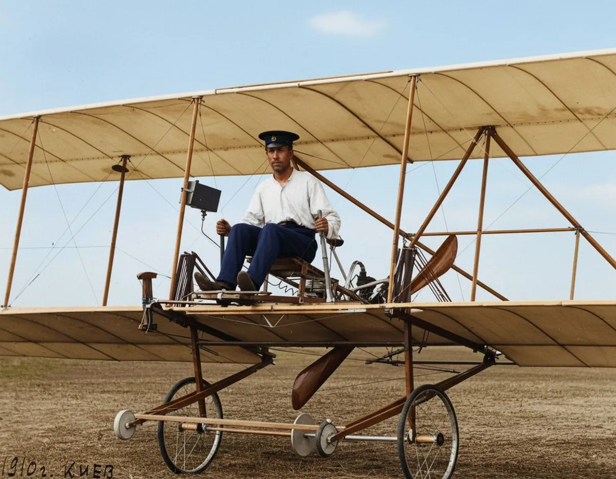 Ihor Sikorsky seated at the forward edge of his first airplane desing, S-1