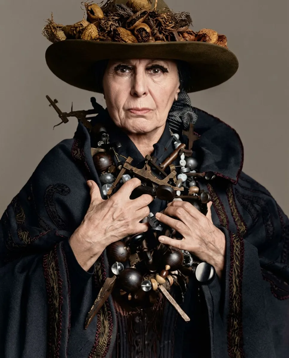 Portrait of the American sculptor Louise Nevelson, taken by the celebrated fashion and portrait photographer Richard Avedon. The image was captured in New York in 1975. 