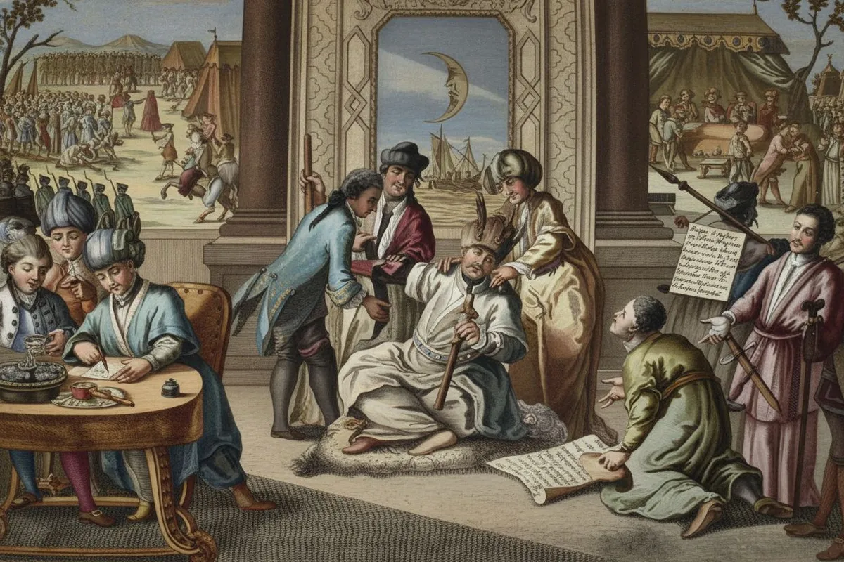 The signing of the Kuchuk-Kainarji Treaty, an engraving from the late 18th century.