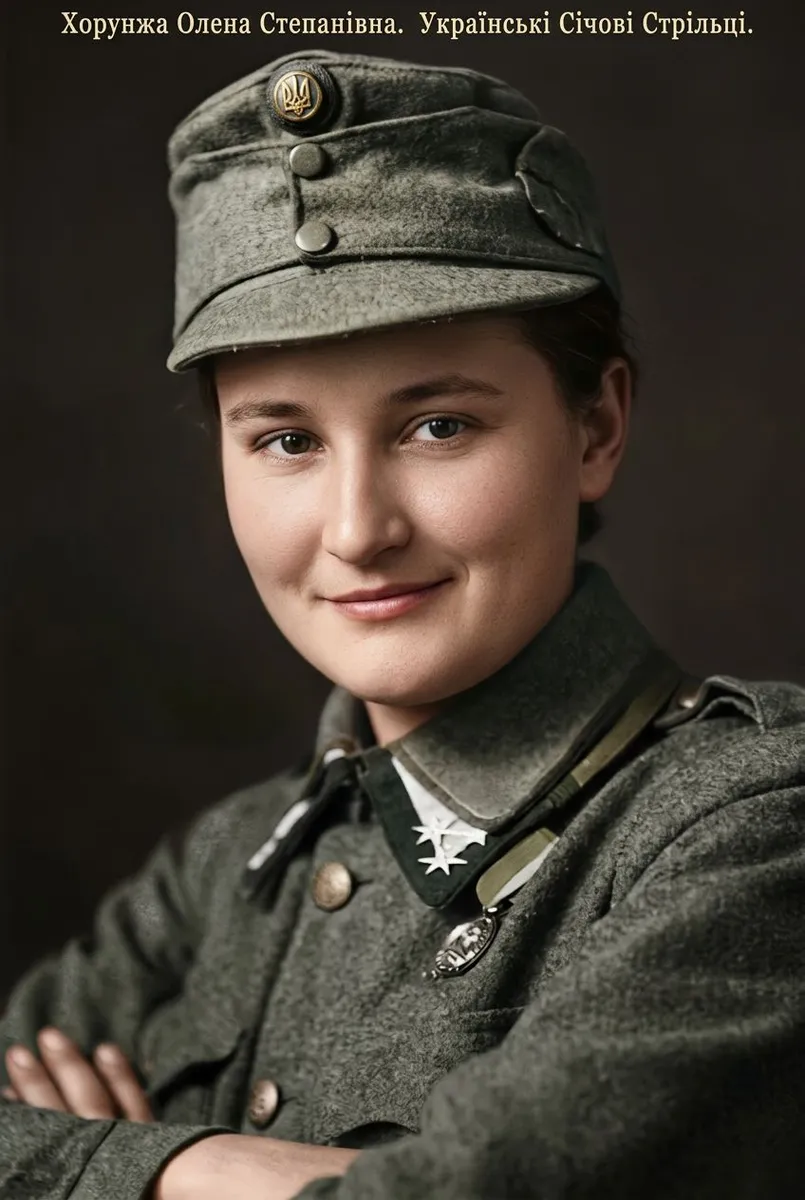 Postcard portrait: 'Khorunzha Olena Stepanivna. Ukrainian Sich Riflemen', c. 1915