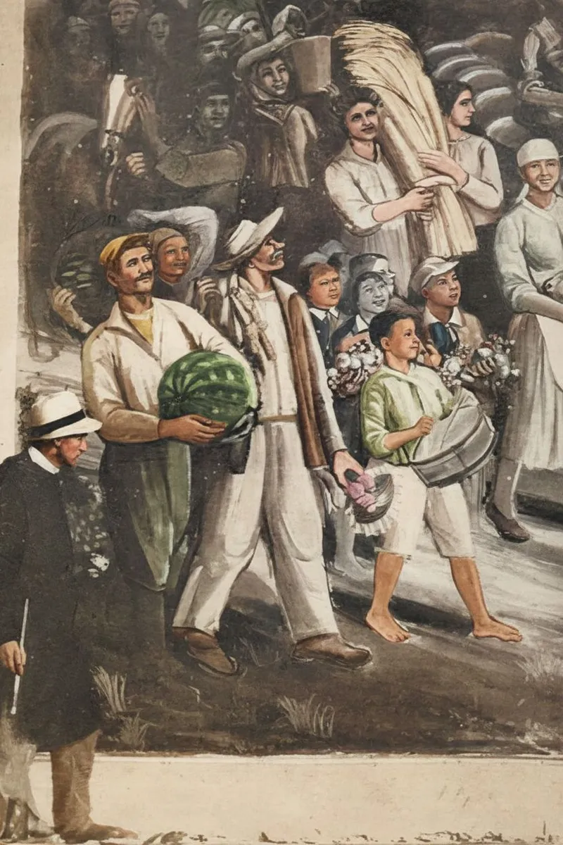 Mykhailo Boychuk against the backdrop of the picturesque composition "Harvest Festival" (the paintings have not survived) for the Kharkiv Chervonozavodsky Theater