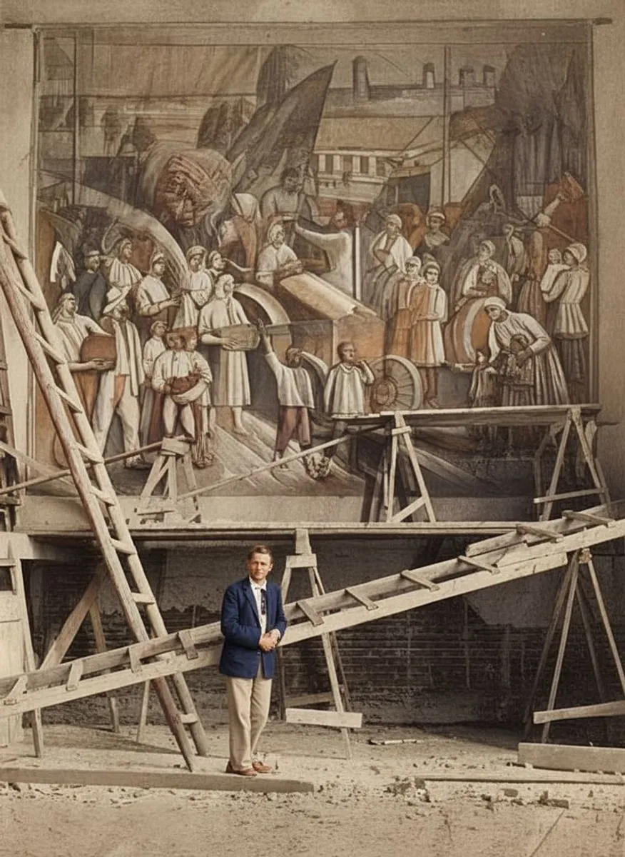 Mykhailo Boychuk against the backdrop of an unknown monumental mural