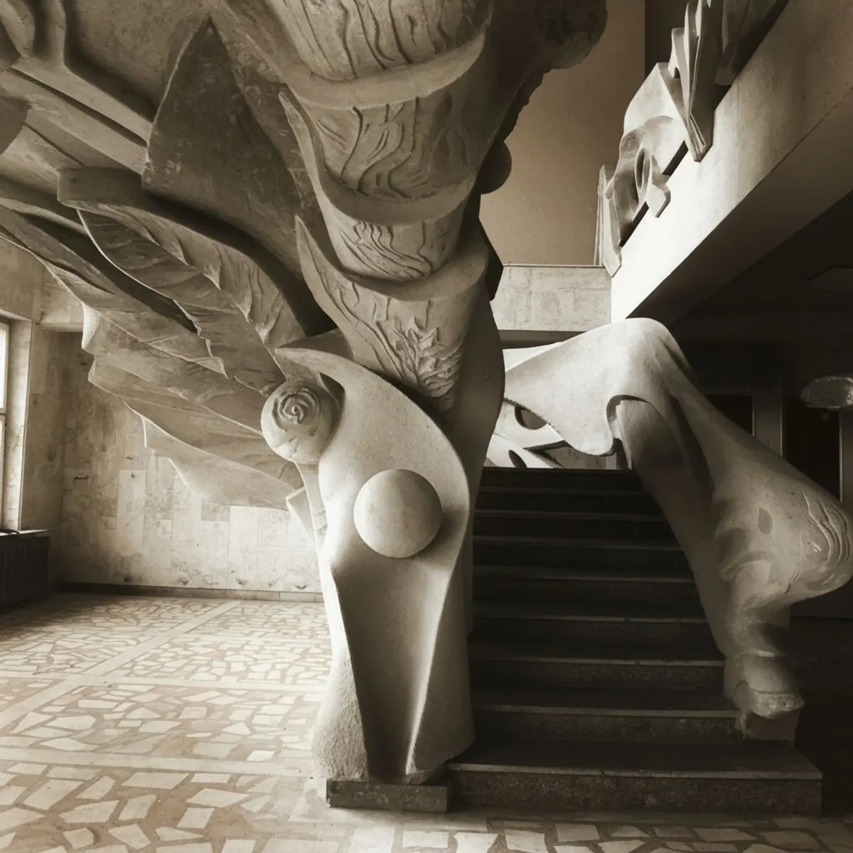 Бетонний рельєф на сходах в інтер'єрі санаторію "Дніпро" (нині відомого як "Дружба") у Євпаторії, Крим.