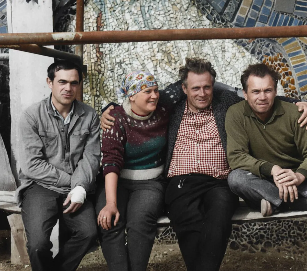 Vasyl Parakhin Alla Horska Hryhoriy Synytsia Viktor Zaretsky — Near the "Prometheus" mosaic.