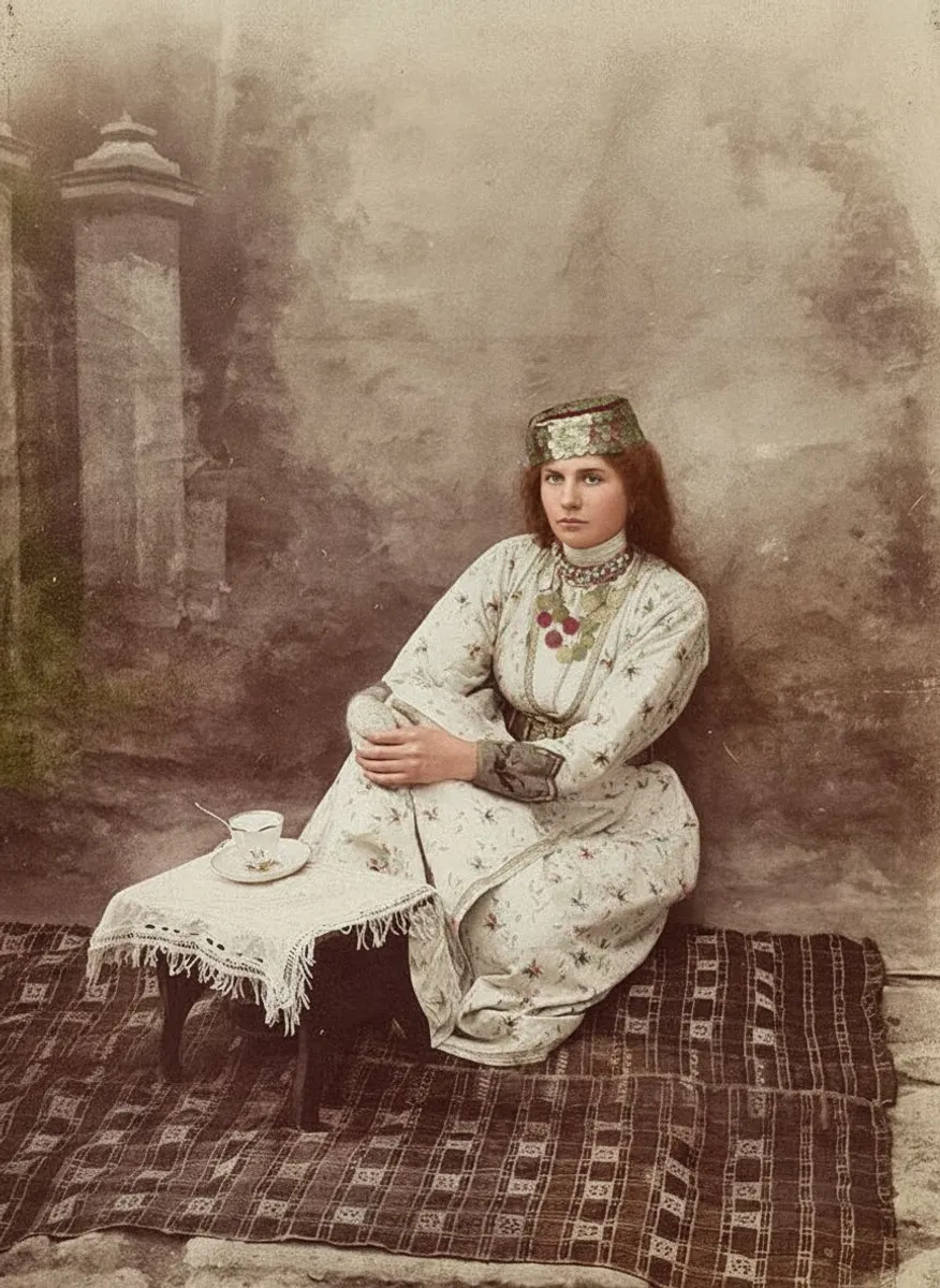 Crimean Tatar Woman in Traditional Dress with Tea