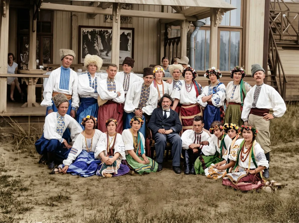 Ilya Repin with a choir that performed for him outside his villa Penaty in Kuokkala