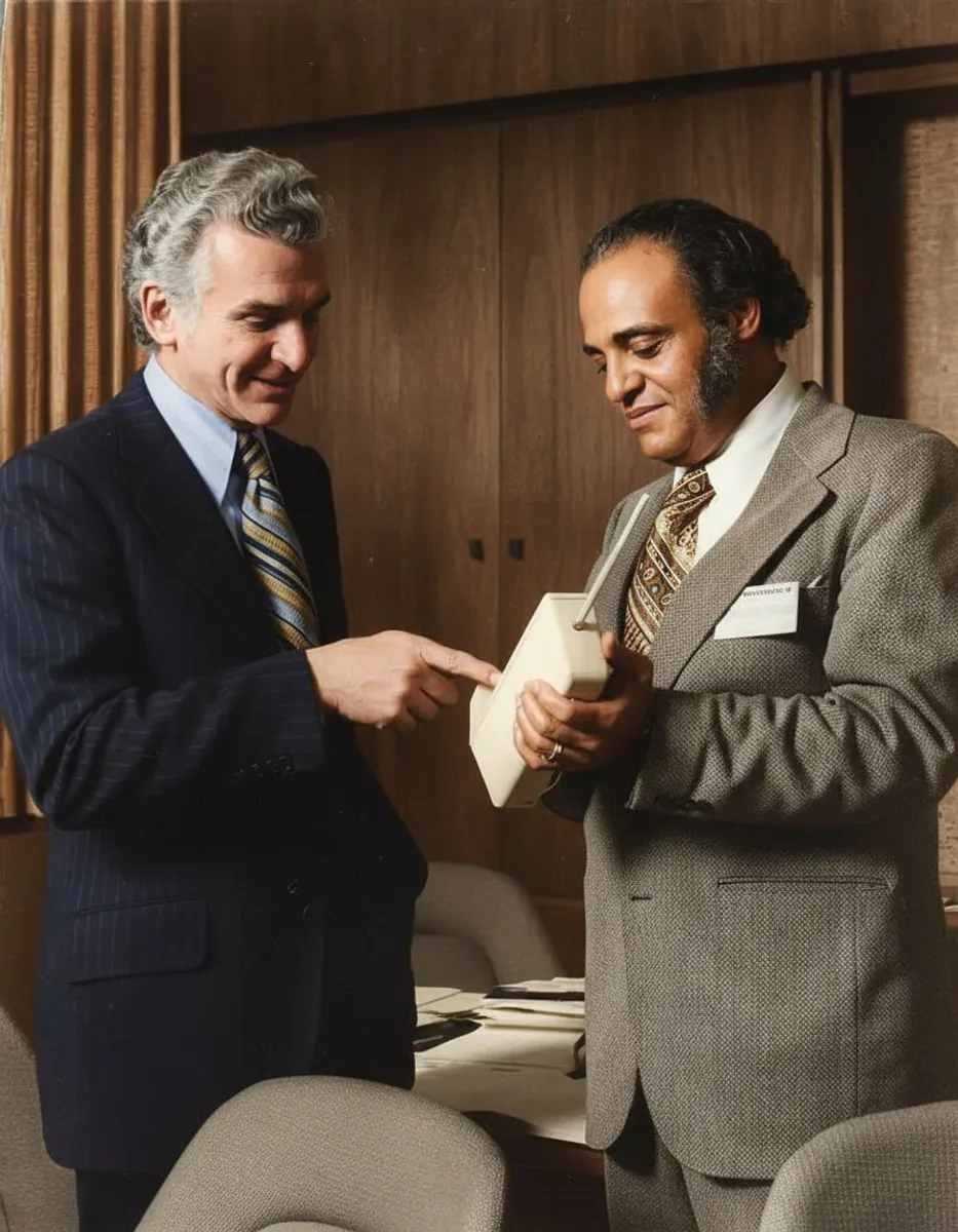 Martin Cooper shows FCC Commissioner Benjamin Hooks the first DynaTAC cell phone