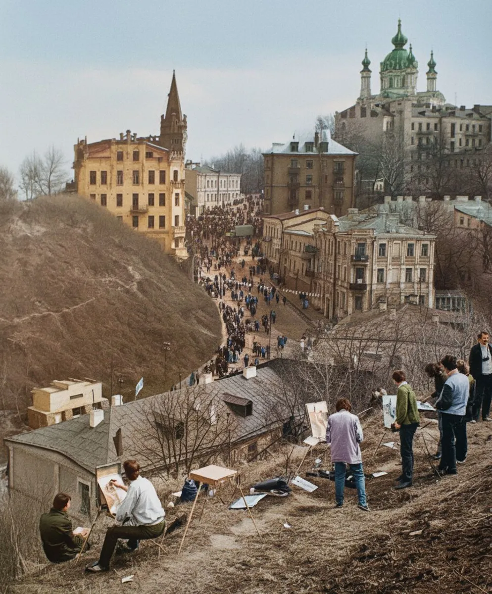 Student painters in the open air on the slope of Zamkova Hora above Andriivskyi Uzviz