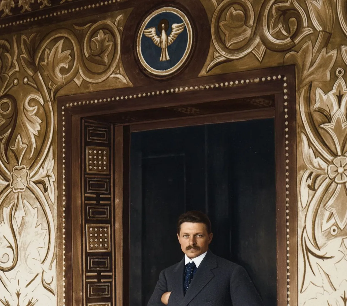 Boychuk against the backdrop of the murals at the entrance to the chapel of the Jacobite Bursa in Lviv