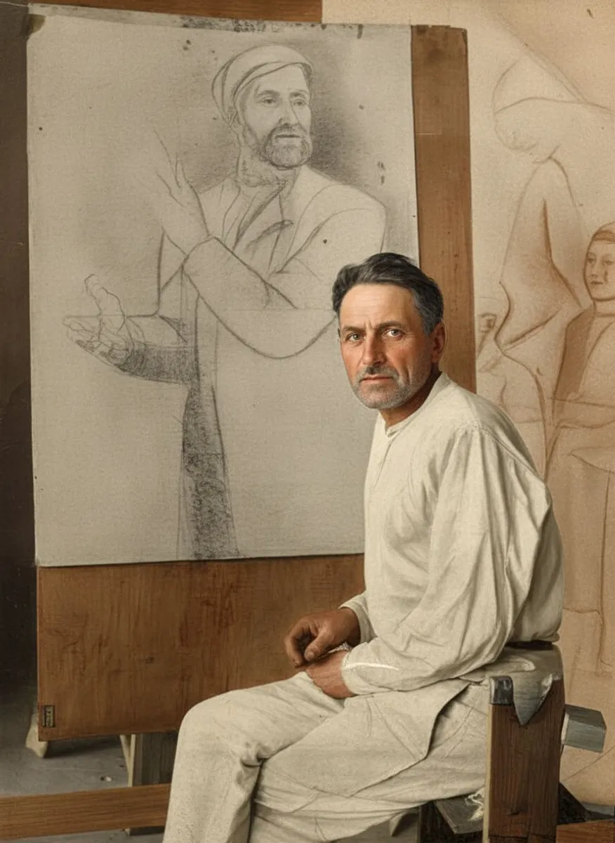 A photo of Mykhailo Boychuk in the studio with an unknown work