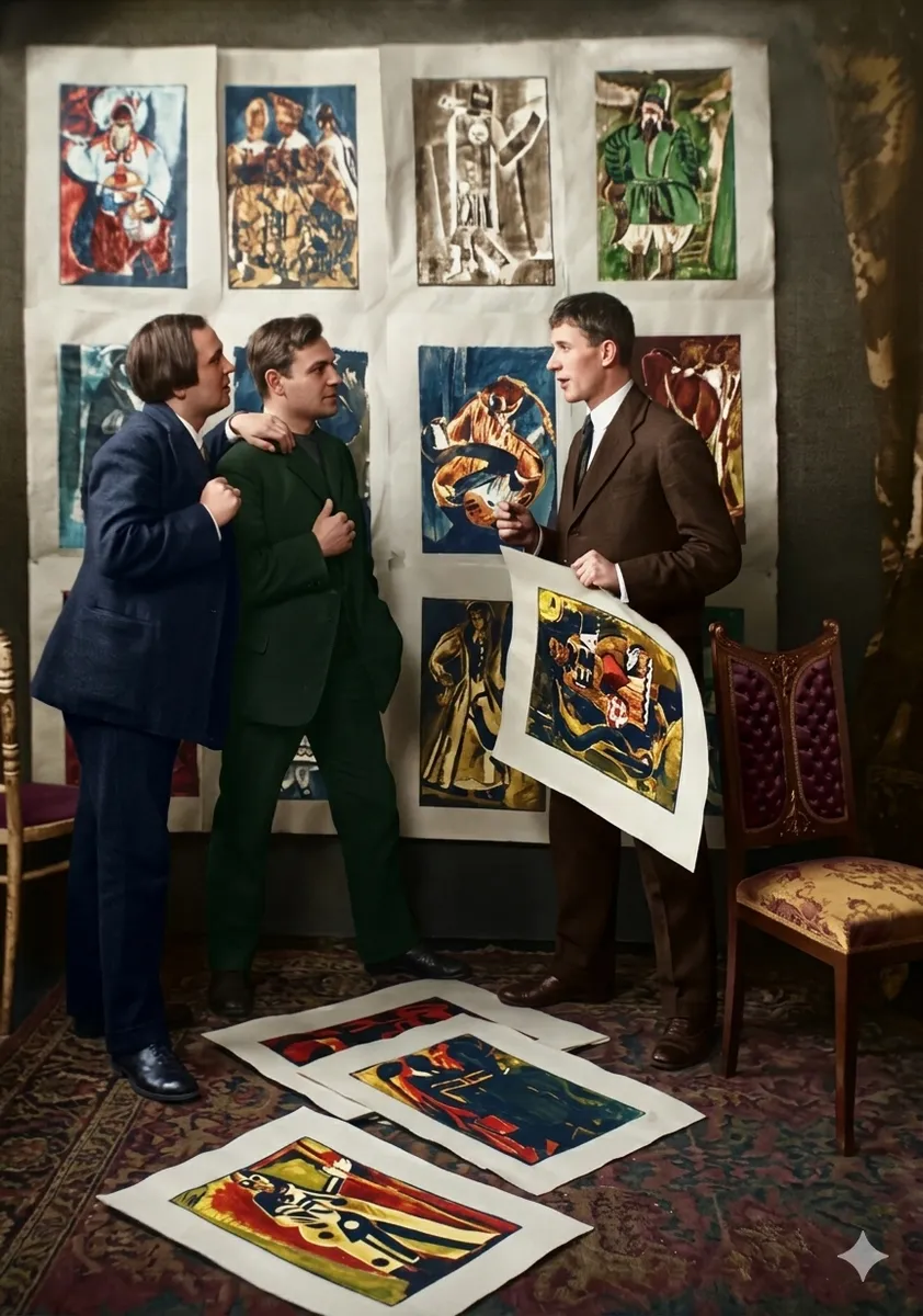 Художник Анатоль Петрицький, режисер Гнат Юра та його брат Олександр Юра-Юрський розглядають ескізи до вистави Вій за п’єсою Остапа Вишні. Харків, 1924 Художник Анатоль Петрицький, режисер Гнат Юра та його брат Олександр Юра-Юрський розглядають ескізи до вистави Вій за п’єсою Остапа Вишні. Харків, 1924