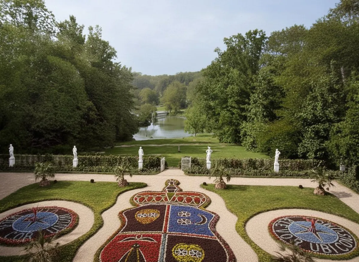 Герб роду Кочубеїв, викладений на квітнику (килимове декорування) у дворі їхнього колишнього палацу в Диканьці Герб роду Кочубеїв, викладений на квітнику (килимове декорування) у дворі їхнього колишнього палацу в Диканьці
